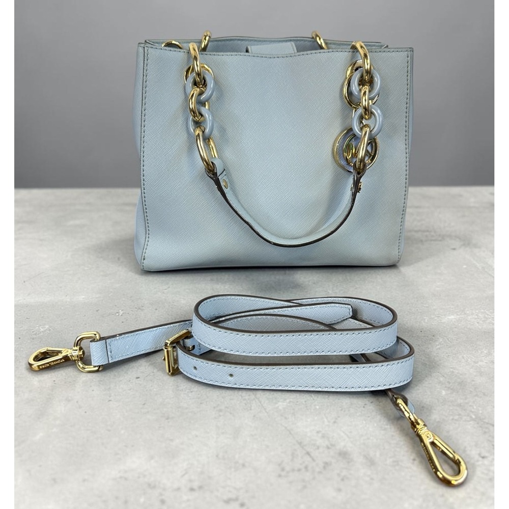 Michael Kors Cynthia Satchel Pale Blue Saffiano Leather Chain Handle Handbag - Picture 1 of 16